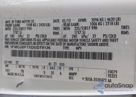 2013 Ford Escape S из США, поврежденный, VIN 1FMCU0F7XDUD79136